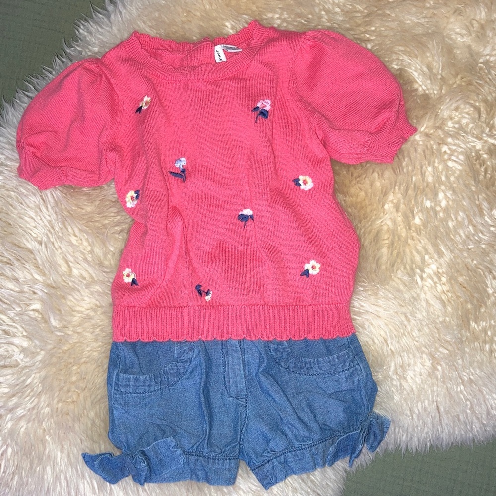 Janie and Jack Pink Embroidery Knit Sweater Top and Chambray Shorts 2T